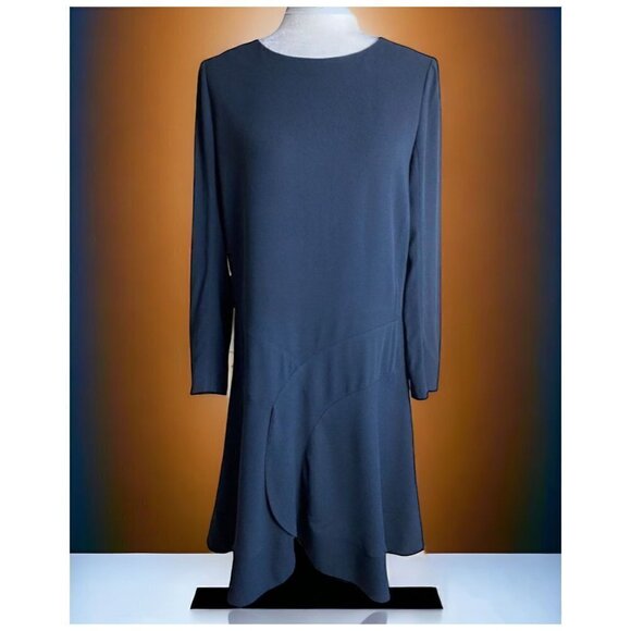 Chloé Crepe Dress Crew Neck Knee-Length in Dark Navy Ruffle Sz FR40 US 10/Medium - Picture 2 of 10